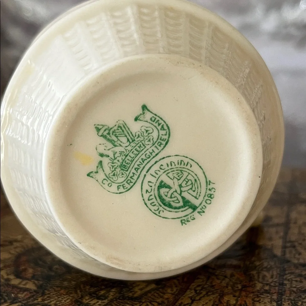 Vintage Belleek Ireland Creamer & Sugar Set | Embossed Basketweave Creamware